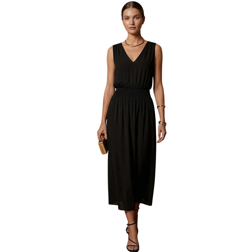 Nordstrom Collection Black Cotton Midi Dress Smocked‎ Waist V-Neck NWT $299